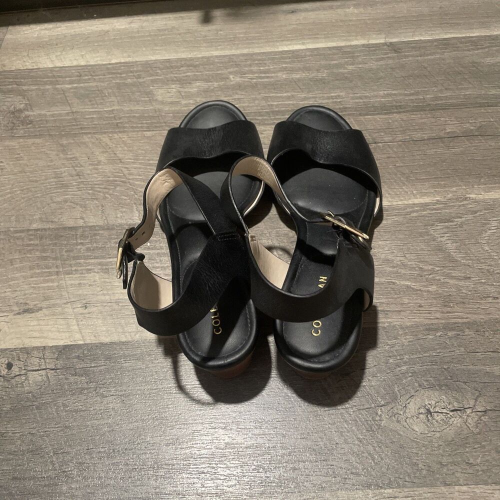 Cole Haan Evette Black Leather Wedge Ankle Strap Sandal Comfort Summer Size 8 - Picture 3 of 7